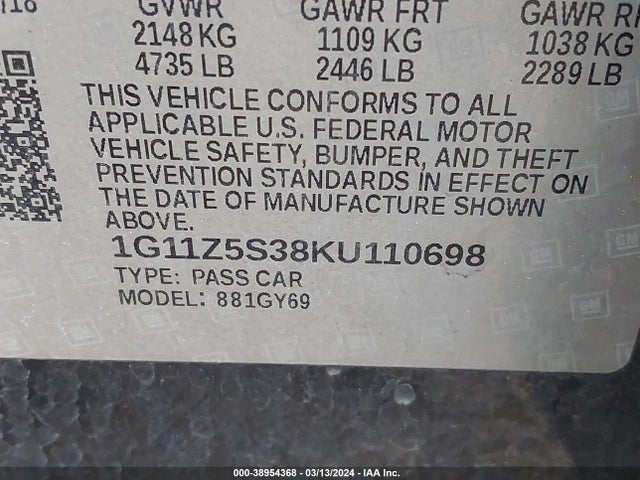 Chevrolet IMPALA LT 2019 1G11Z5S38KU110698 Image 9