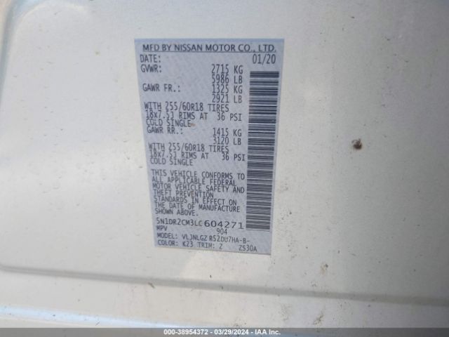 5N1DR2CM3LC604271 Nissan Pathfinder Sl 4wd