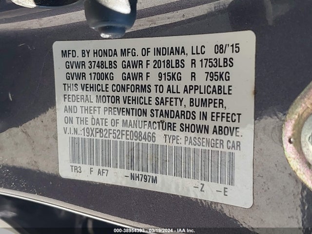 Honda Civic Lx 2015 19XFB2F52FE098466 Image 9