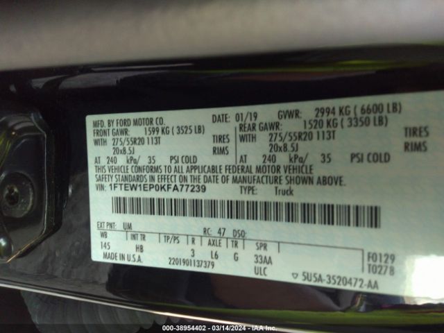 1FTEW1EP0KFA77239 Ford F-150 Lariat