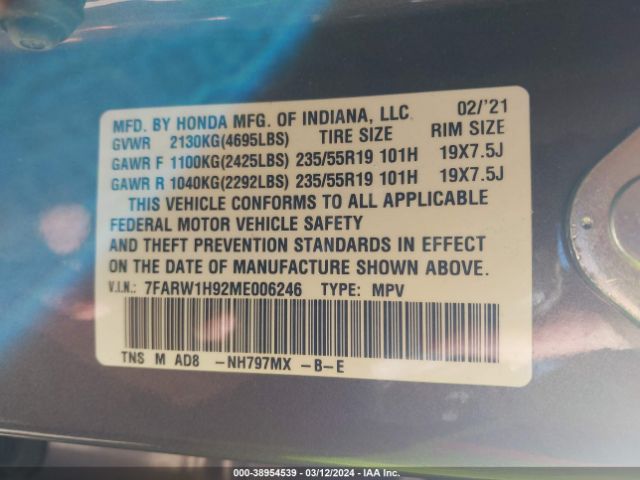 7FARW1H92ME006246 Honda Cr-v 2wd Touring