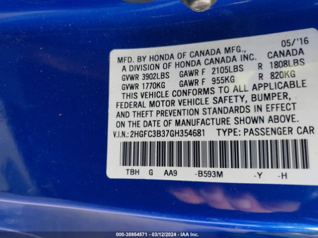 2HGFC3B37GH354681 Honda Civic Ex-t