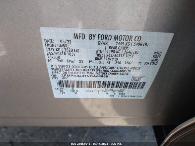 2FMPK4J91NBA64868 Ford EDGE SEL
