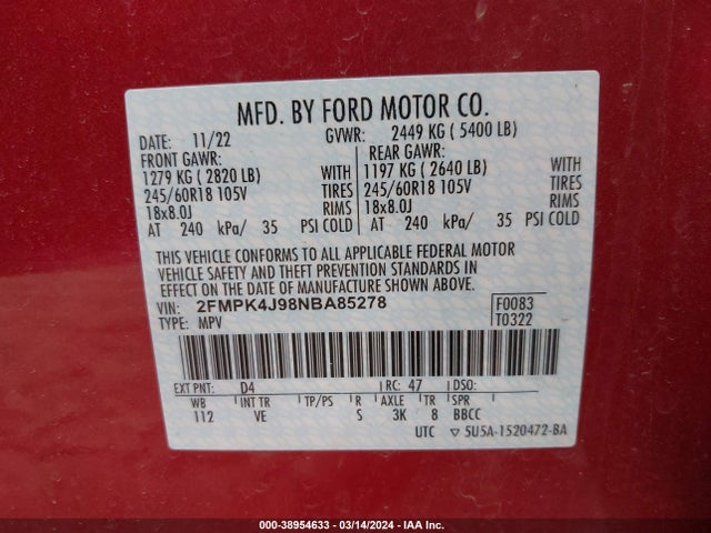 Ford EDGE SEL 2022 2FMPK4J98NBA85278 Image 9