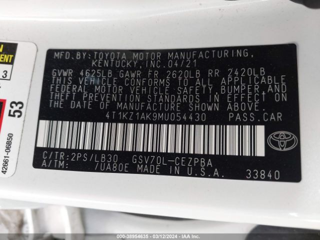 4T1KZ1AK9MU054430 Toyota Camry Xse V6