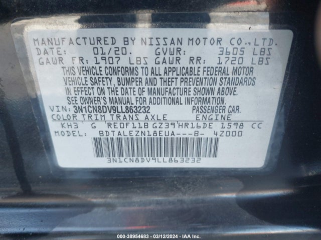Nissan Versa S Xtronic Cvt 2020 3N1CN8DV9LL863232 Image 9