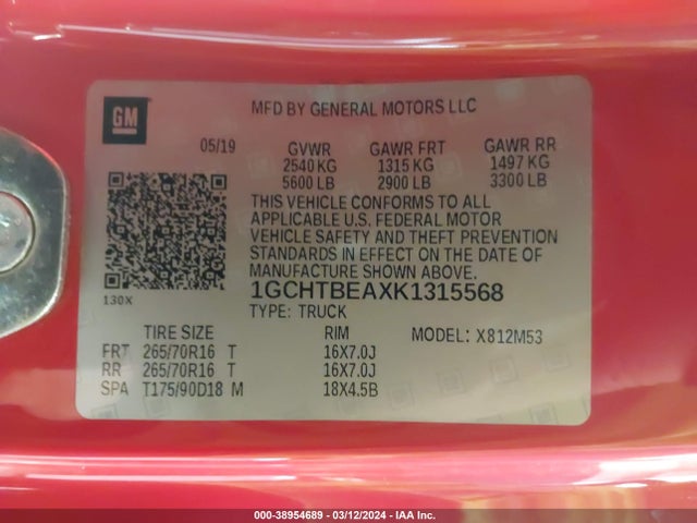Chevrolet Colorado Wt 2019 1GCHTBEAXK1315568 Image 9