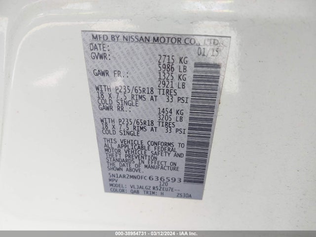 Nissan Pathfinder Sl 2015 5N1AR2MN0FC636593 Image 9