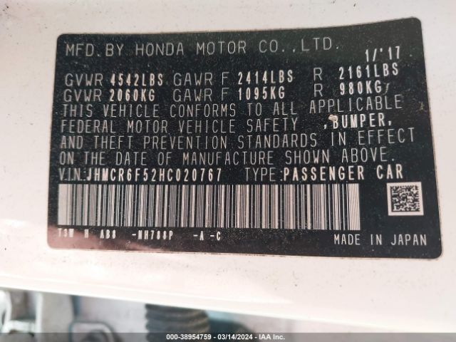 JHMCR6F52HC020767 Honda Accord Hybrid Ex-l