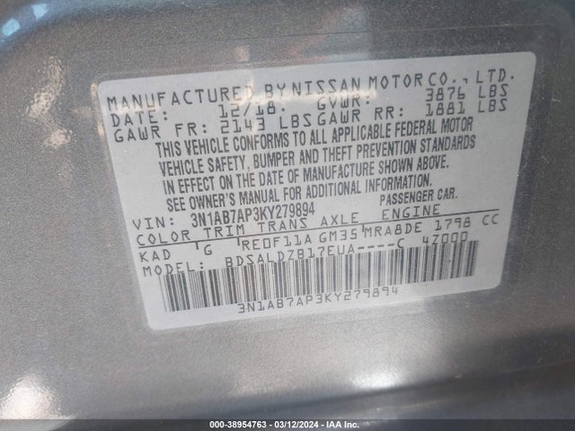 Nissan SENTRA SV 2019 3N1AB7AP3KY279894 Image 9