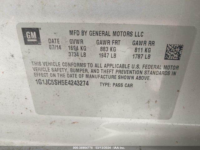 Chevrolet Sonic Lt Auto 2014 1G1JC5SH5E4243274 Image 9