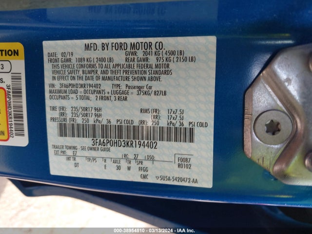 Ford FUSION SE 2019 3FA6P0HD3KR194402 Image 9