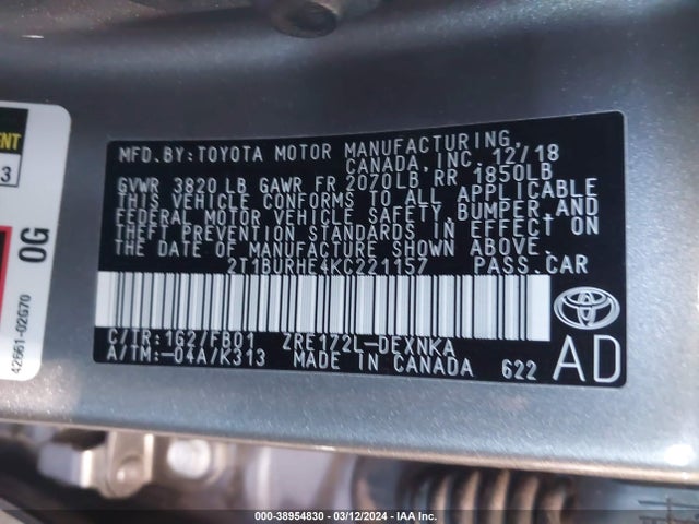 Toyota COROLLA LE 2019 2T1BURHE4KC221157 Image 9