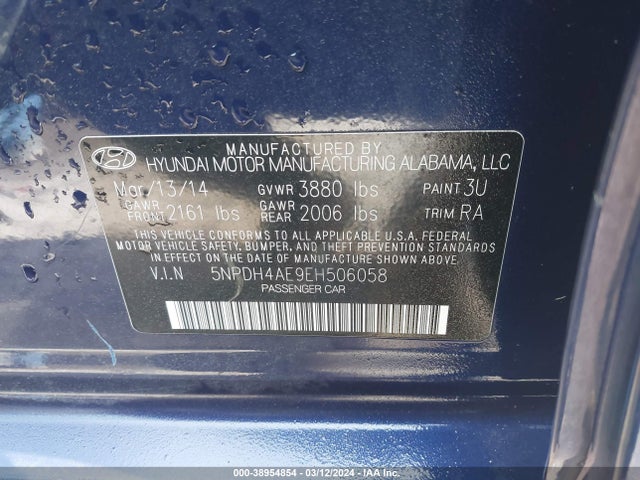 Hyundai Elantra Limited 2014 5NPDH4AE9EH506058 Image 9