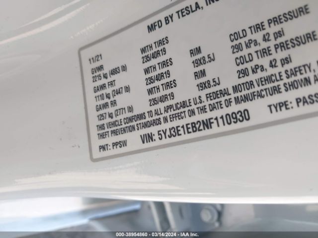 2022 TESLA MODEL 3 5YJ3E1EB2NF110930 Photo 8