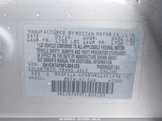 Nissan Versa 1.6 S+ 2015 3N1CN7AP0FL804123 Image 9