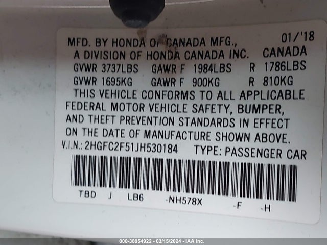 Honda Civic Lx 2018 2HGFC2F51JH530184 Image 9