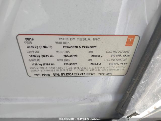5YJXCAE2XKF195261 Tesla Model X 100d/75d/long Range