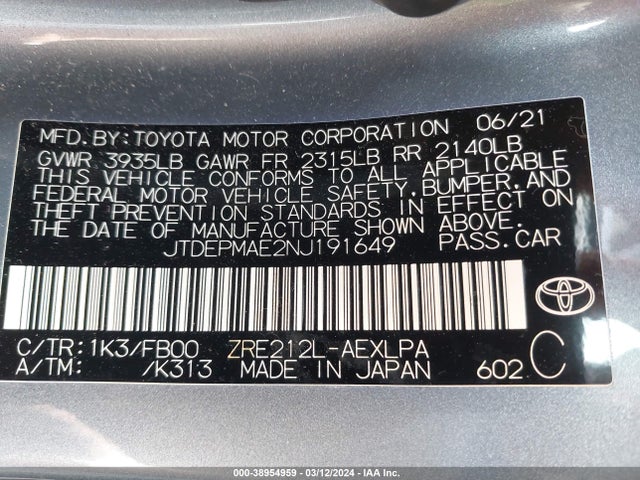 Toyota COROLLA LE 2022 JTDEPMAE2NJ191649 Image 9