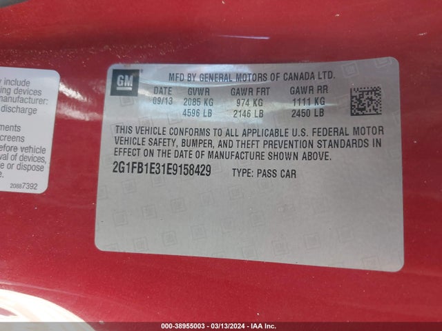 Chevrolet Camaro 1lt 2014 2G1FB1E31E9158429 Image 9