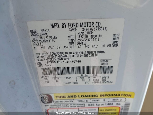 Ford F-150 Lariat 2014 1FTFW1EF1EKF79748 Image 9