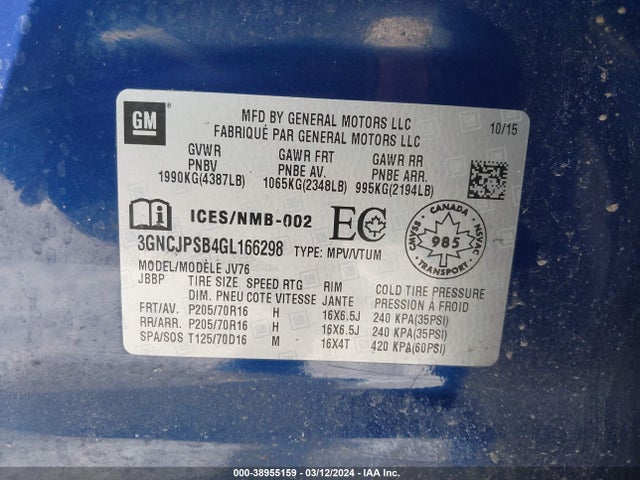 Chevrolet Trax Lt 2016 3GNCJPSB4GL166298 Image 9