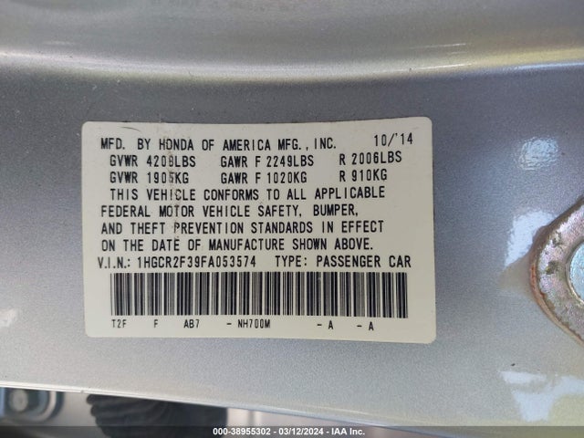 Honda ACCORD LX 2015 1HGCR2F39FA053574 Image 9