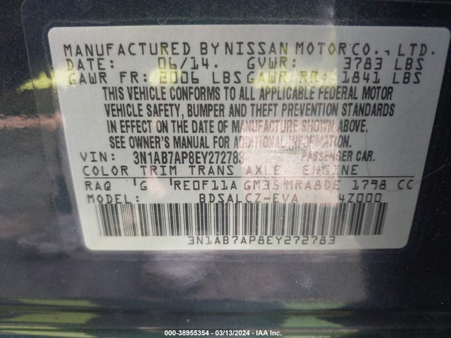 Nissan SENTRA S 2014 3N1AB7AP8EY272783 Image 9