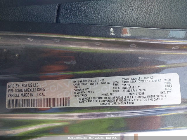 Jeep Gladiator Altitude 4x4 2020 1C6HJTAGXLL213965 Image 9