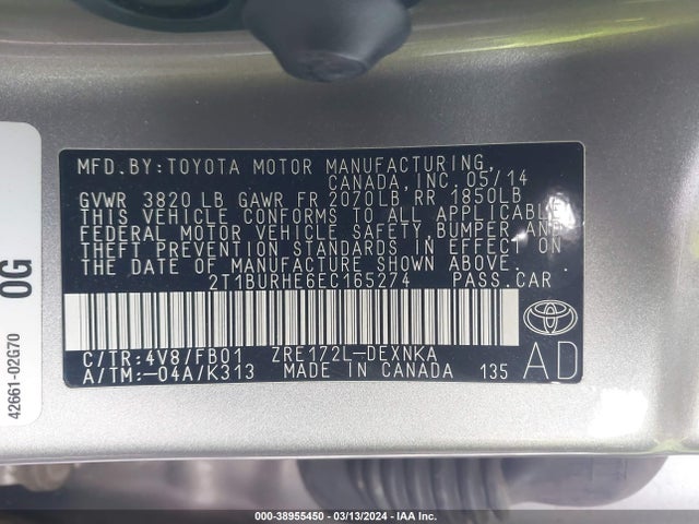Toyota COROLLA LE 2014 2T1BURHE6EC165274 Image 9