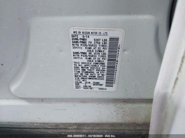 Nissan Murano Le 2014 JN8AZ1MW4EW532083 Image 9