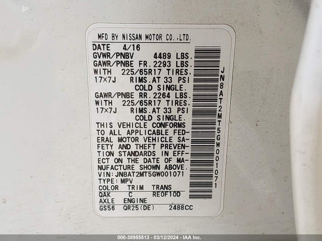 Nissan ROGUE S 2016 JN8AT2MT5GW001071 Image 9
