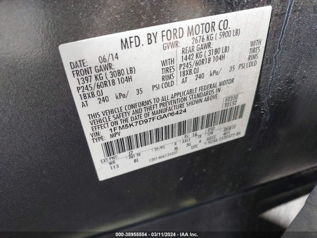 Ford EXPLORER XLT 2015 1FM5K7D97FGA06424 Image 9