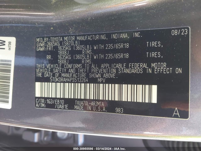 Toyota Highlander Xle 2023 5TDKDRAH4PS513264 Image 9