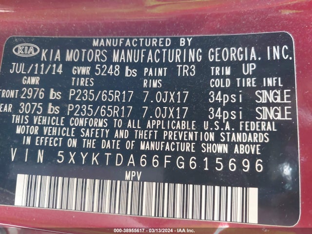 KIA SORENTO LX 2015 5XYKTDA66FG615696 Image 9
