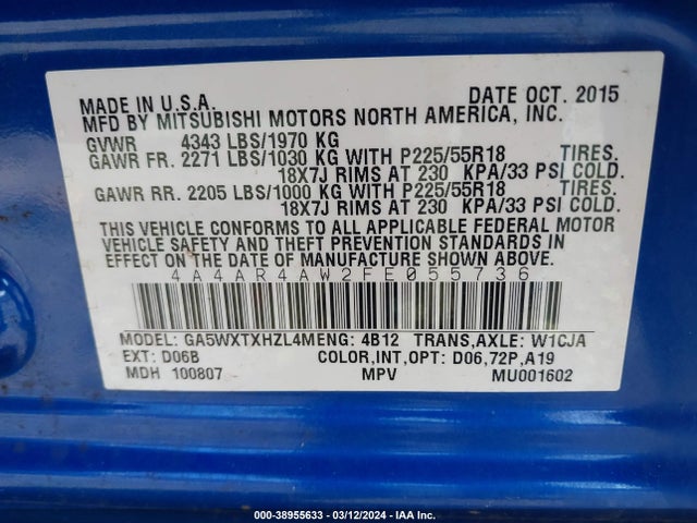 4A4AR4AW2FE055736 Mitsubishi Outlander Sport Gt