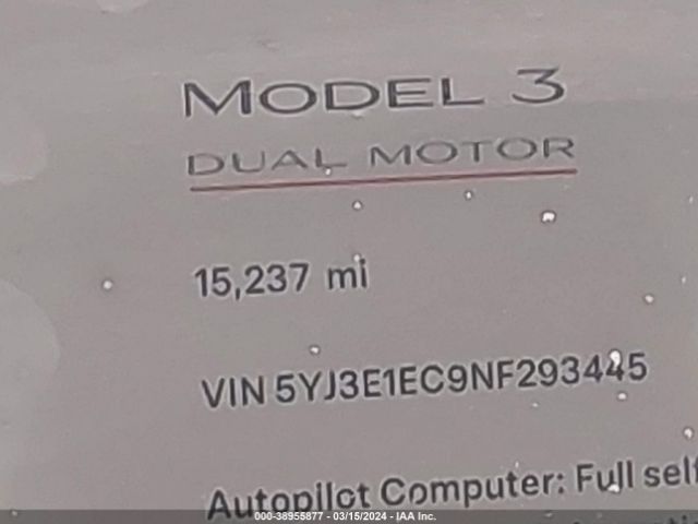 5YJ3E1EC9NF293445 Tesla Model 3 Performance Dual Motor All-wheel Drive
