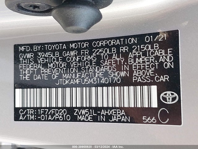 Toyota Prius Le 2021 JTDKAMFU5M3140170 Image 9