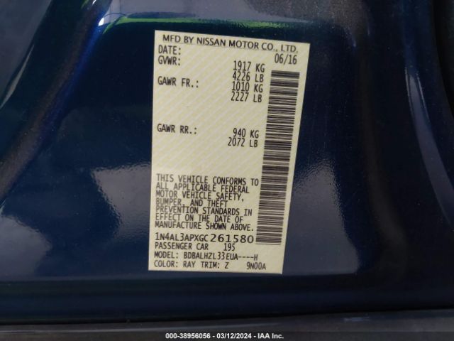 1N4AL3APXGC261580 Nissan Altima 2.5 Sr