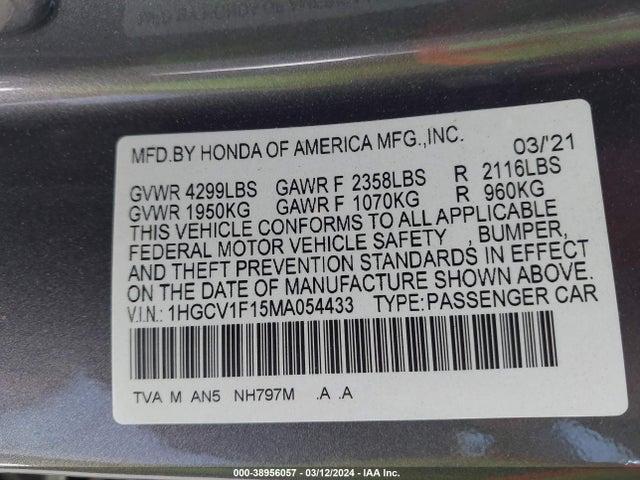 Honda ACCORD LX 2021 1HGCV1F15MA054433 Image 9