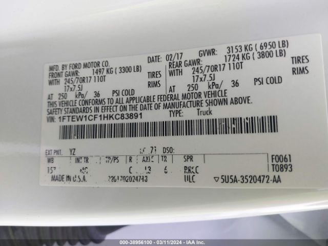 1FTEW1CF1HKC83891 Ford F-150 Xlt