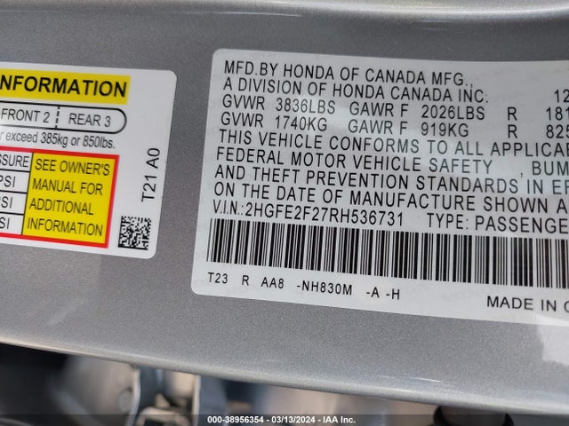 Honda Civic Lx 2024 2HGFE2F27RH536731 Image 9