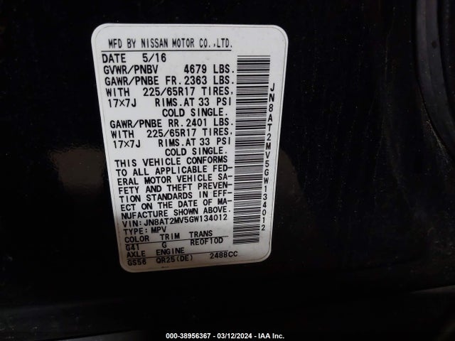 Nissan ROGUE SV 2016 JN8AT2MV5GW134012 Image 9