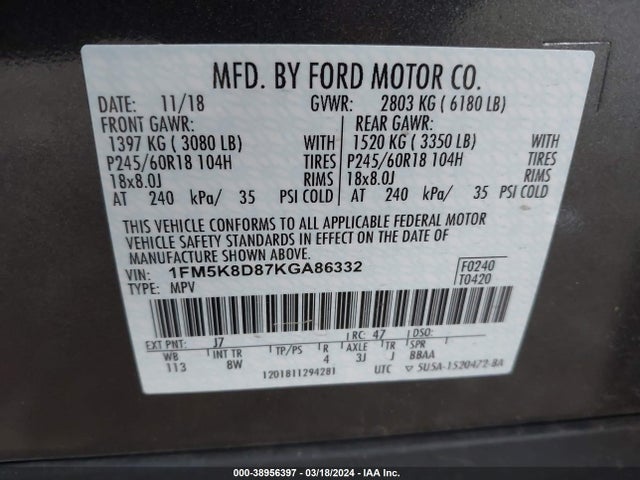 Ford EXPLORER XLT 2019 1FM5K8D87KGA86332 Image 9