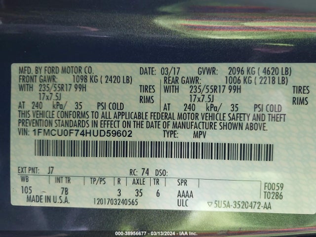 Ford ESCAPE S 2017 1FMCU0F74HUD59602 Image 9