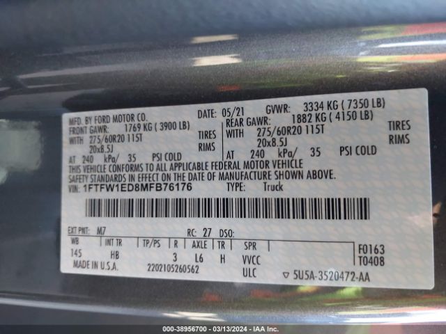 1FTFW1ED8MFB76176 Ford F-150 Lariat