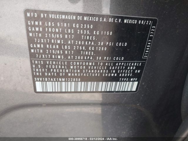 3VV1B7AX1NM122858 Volkswagen Tiguan 2.0t S