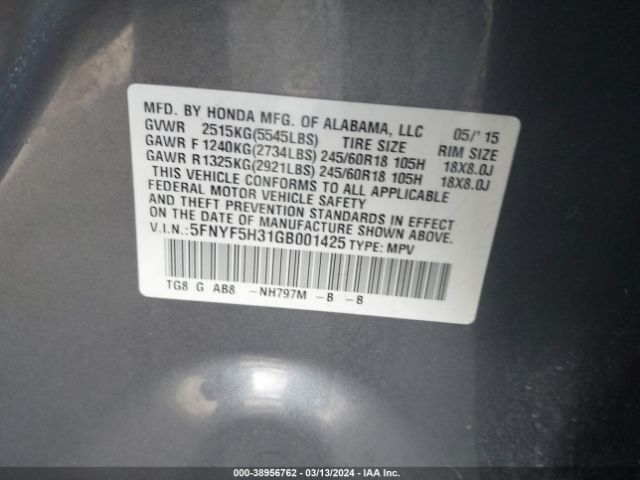 5FNYF5H31GB001425 Honda Pilot Ex