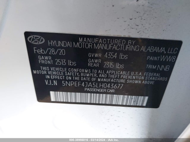 Hyundai SONATA SEL 2020 5NPEF4JA5LH043677 Image 9