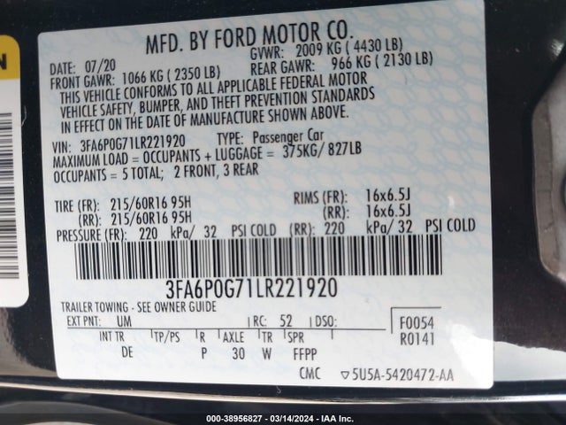 Ford FUSION S 2020 3FA6P0G71LR221920 Image 9